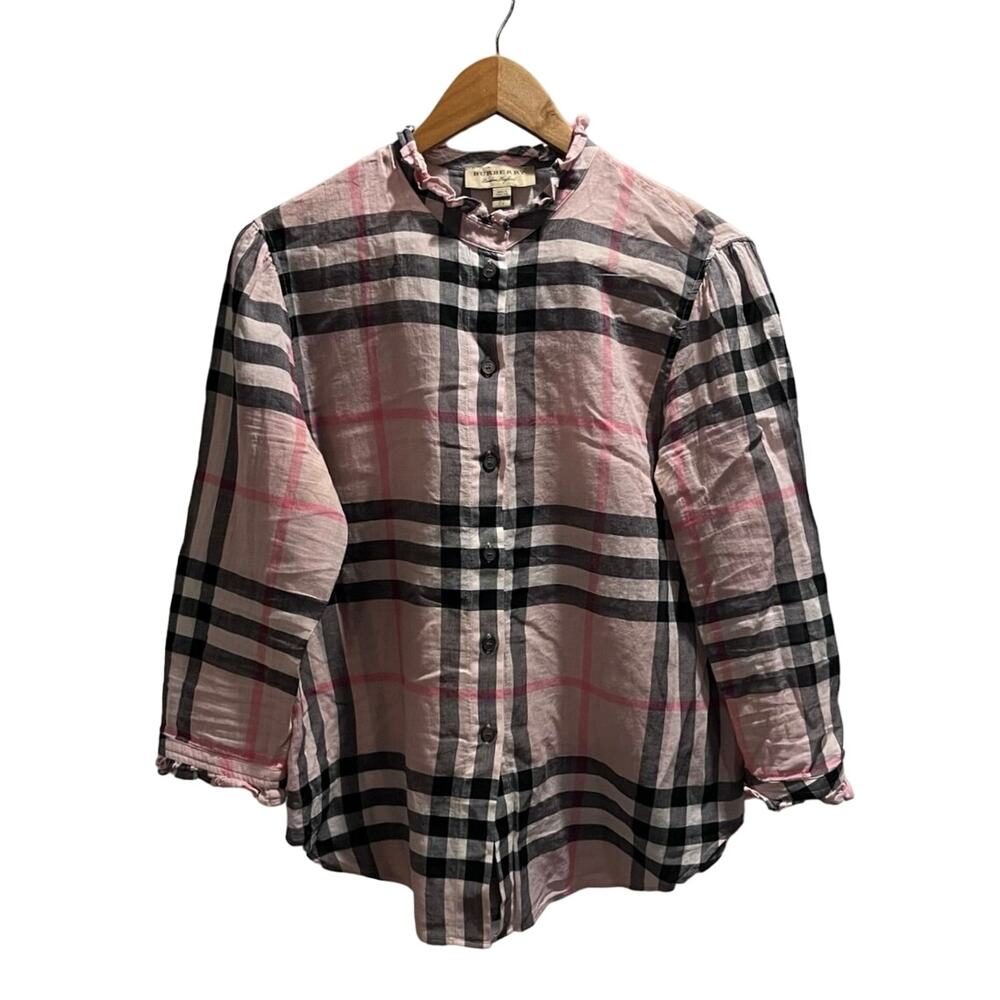 Burberry Salla Pink Nova Check Ruffle Collar 3/4 Sleeve‎ Button Shirt Sz 4